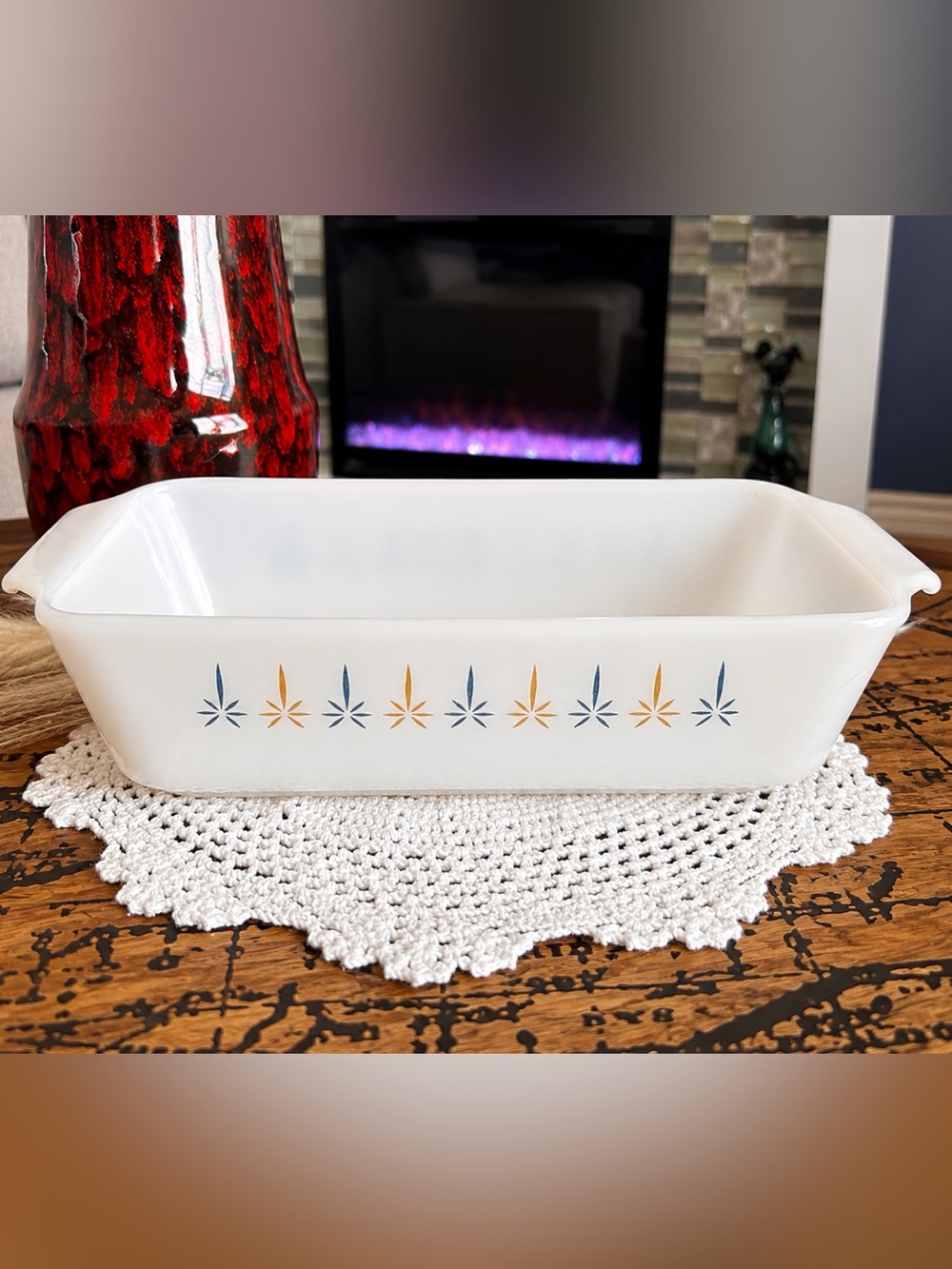 Vintage Fire-King Loaf Pan | Candle Glow Atomic Starburst Milk Glass Baking Dish